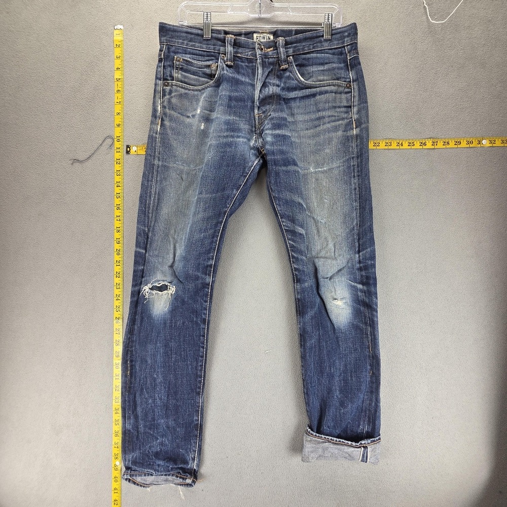 Edwin Jeans Mens 30x32 Blue Selvedge ED-55 Whiskers Honeycomb Thrashed Button
